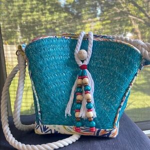 Turquoise Woven Women's Bag with Beaded Detail